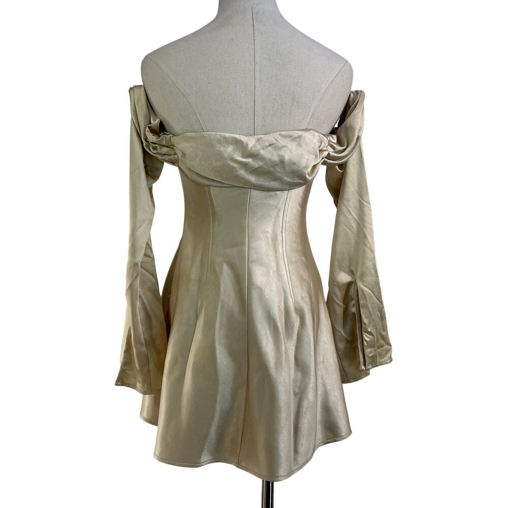 Meshki Giselle Off Shoulder Satin Mini Dress Gold - Picture 8 of 9